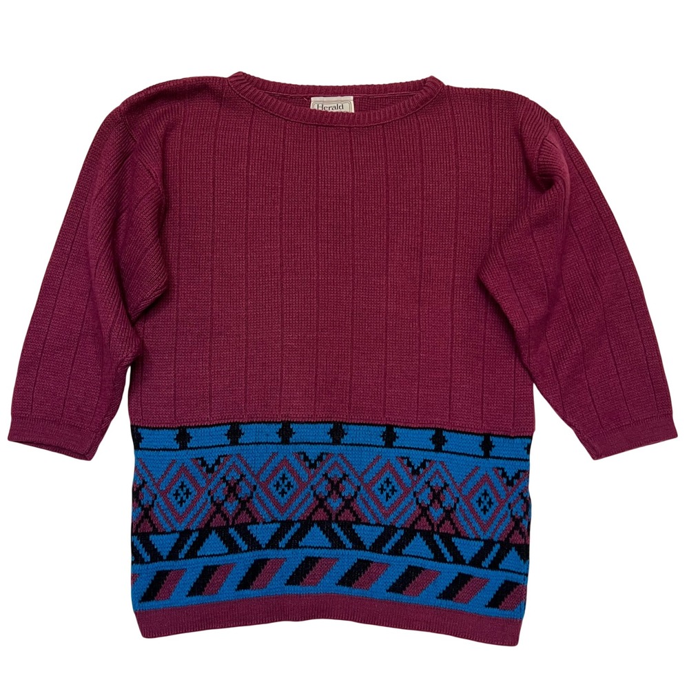 Herald House Vintage 80s Purple Blue Geometric Retro Sweater‎ Made in USA Size S